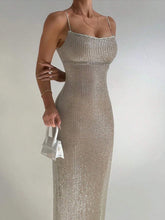 Women's Elegant Knitted Spaghetti Strap Dress, Sexy Fitted Thigh High Slit Sparkling Sequin Spaghetti Strap Backless Party Evening Gown